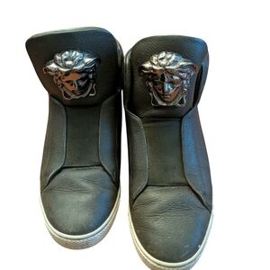 Versace Dark Green Leather Palazzo Sneakers with Silver Medusa